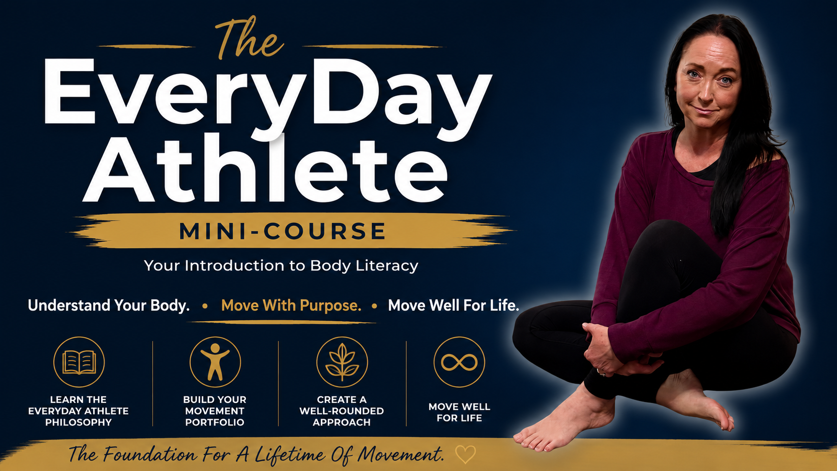 Banner for The EveryDay Athlete Mini-Course by Heather Otterbine, an introductory course that teaches Body Literacy, purposeful movement, and a well-rounded approach to lifelong movement.