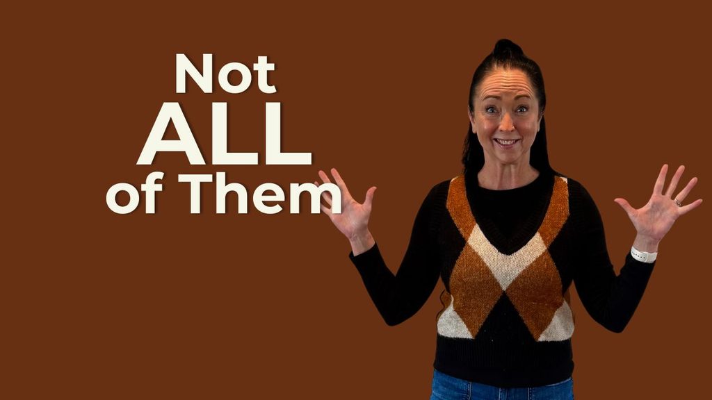 Heather Otterbine with her hands raised beside the words “Not ALL of Them,” illustrating that yoga teachers don’t need to have all the answers.
