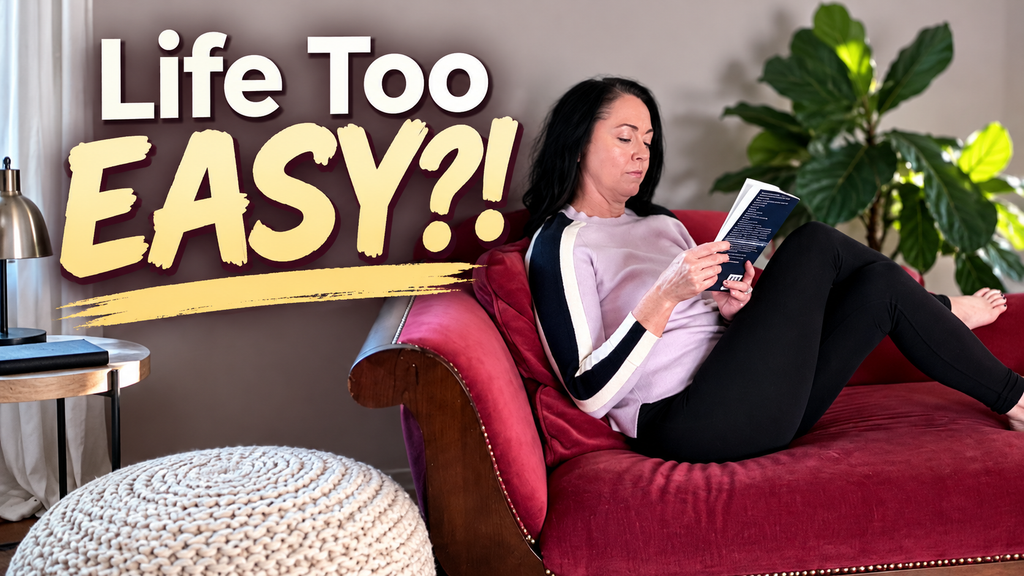 Heather Otterbine relaxing on a burgundy chaise lounge while reading a book, with the words “Life Too Easy?!” highlighting the role of convenience in healthy aging.
